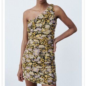 ZARA One Shoulder Mini Dress Draped  Floral Yellow Metallic Cocktail NEW